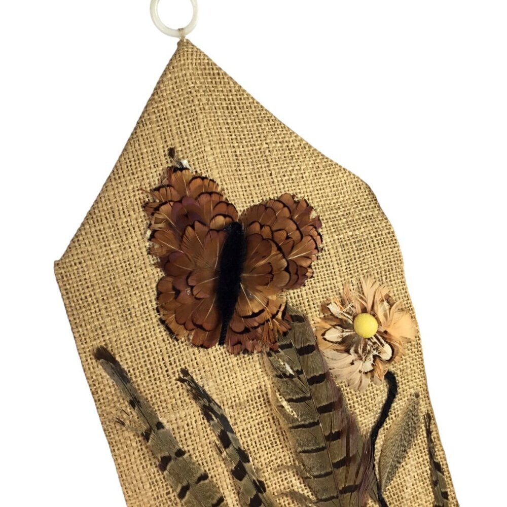 Vtg 3D Folk Art Feather Craft Art Burlap Wall Hanging Bell Pull Butterfly OOAK - Picture 7 of 12